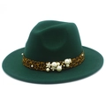 Detail of dark green wool felt jazz hat with leopard band and pearl floral accents - Dark Green