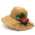 Handwoven raffia sun hat with red rose floral decor and brown ribbon detail - M (56-58cm) / Light Coffee And Red Flower
