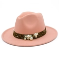 Close-up of pink wool jazz hat with leopard print band and pearl floral ornament - Flesh Pink