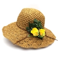 Dark khaki raffia sun hat with wide brim, yellow roses and elegant lace-up bow - M (56-58cm) / Light Coffee And Yellow Flower