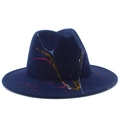 Detail of colorful paint splatter graffiti on navy wool fedora hat with a classic brim - Dark Blue