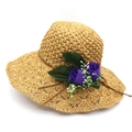 Women's raffia sun hat with purple floral decoration and openwork woven details - M (56-58cm) / Light Coffee And Purple Flower