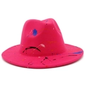 Hot pink fedora hat with colorful paint splatter design in artistic jazz party style - Rose Red