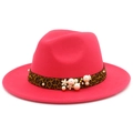 Detail of rose red fedora hat with leopard band, white pearls and floral ornaments - Rose Red