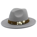 Classic grey wide brim fedora hat with leopard print ribbon and pearl accents - Gray