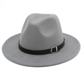 Close-up of grey felt fedora hat featuring a black leather band and silver metal buckle - One Size / Gray