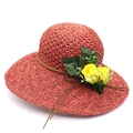 Handwoven raffia sun hat in dark brick red with yellow floral accent and wide brim - M (56-58cm) / Brick Red And Yellow Flower