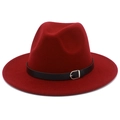Close-up of the burgundy wool fedora hat featuring a black leather band and silver buckle - One Size / Burgundy