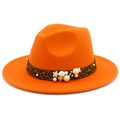 Detail of orange wide brim fedora hat featuring leopard print band with white pearls - Orange