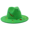Detailed close-up of vibrant green fedora hat with artistic multi-colored paint splatter - Green