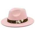 Elegant pink wool fedora hat with leopard print band and pearl flower accents - Pink