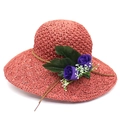 Elegant wide brim raffia sun hat in rust red with purple roses and brown cord band - M (56-58cm) / Brick Red And Purple Flower