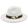 Detail of white fedora hat featuring leopard band with pearl and floral embellishments - White
