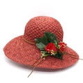 Brick red handwoven raffia sun hat with elegant red roses and decorative side cord - M (56-58cm) / Brick Red And Red Flower