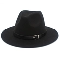 Detail of classic black wool fedora featuring a stylish leather band and silver buckle accent - One Size / Black