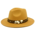 Classico cappello Fedora in lana cammello con fascia leopardata e dettagli di perle - Cachi