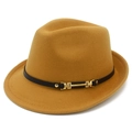 Cappello fedora classico in feltro di lana giallo senape con cinturino nero e fibbia d'oro - Kaki