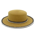 Sombrero de paja elegante con cinta negra y detalles de perlas blancas para mujer - café