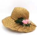 Women's light brown raffia sun hat with hollow brim and pink decorative roses - M (56-58cm) / Light Coffee And Pink Flower