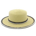 Elegante sombrero de paja para mujer con ala ancha y cinta negra con perlas - Beige