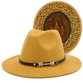 Chapeau fedora jaune en laine avec doublure léopard et boucle en cuir élégante - Kaki