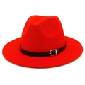 Detail of red wool felt fedora featuring a black leather belt with silver metal buckle - One Size / Red