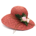 Rust red raffia sun hat for women featuring pink fabric rose flowers and wide woven brim - M (56-58cm) / Brick Red And Pink Flower