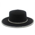 Sombrero de paja negro para mujer con perlas elegantes para protección solar playa - Negro