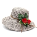 Beige raffia sun hat for women featuring vibrant red rose floral details and wide brim - M (56-58cm) / Gray And Red Flower