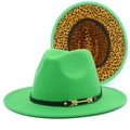 Chapeau fedora vert avec bordure léopard et ruban décoratif en cuir noir chic - Vert