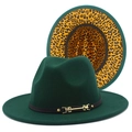 Détail d'un chapeau fedora vert foncé avec doublure léopard et boucle de ceinture décorative - Vert Foncé