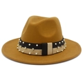 Elegante cappello fedora in lana cammello con nastro decorato di perle e strass da donna - Marrone