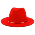 Detailed close-up of a red wool fedora hat with a stylish golden metal band accent - Red