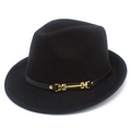 Dettaglio cappello fedora nero in lana con fascia sottile in pelle e fibbia in metallo oro - Nero
