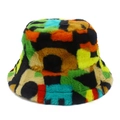 Colorful plush faux fur bucket hat for winter featuring a thick multi-color patchwork design - Bright Patchwork Style 5