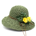 Grass green woven raffia sun hat for women featuring yellow rose flowers and leaf decor - M (56-58cm) / Green And Yellow Flower