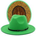 Detail of green wide brim fedora hat featuring yellow leopard print lining and leather band - One Size / Green