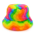 Rainbow striped faux fur bucket hat for winter featuring soft plush colorful fuzzy texture - Rainbow Wave Pattern Style (Style 1)