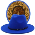 Detail of bright blue fedora hat with leopard print brim and black leather buckle belt - One Size / Sapphire Blue