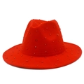 Detailed view of red felt fedora hat with sparkling rhinestones and structured wide brim - Red