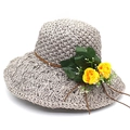 Light gray raffia sun hat with wide brim and yellow decorative flowers for summer beach - M (56-58cm) / Gray And Yellow Flower