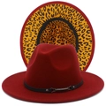 Detail view of burgundy felt fedora with contrast leopard print lining and metal buckle - One Size / Burgundy