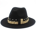 Dettaglio di cappello fedora nero in lana con fascia decorativa con perle e strass - Nero
