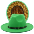 Detail view of green fedora hat featuring leopard print lining and a black studded belt - Green