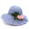 Lavender raffia sun hat with wide brim and decorative pink rose floral accents - M (56-58cm) / Blue And Pink Flower