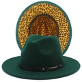 Macro view of dark green fedora hat with leopard print lining and black belt buckle - One Size / Dark Green