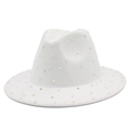 Detailed view of white wool felt jazz hat decorated with colorful shimmering rhinestones - White