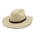 Detailed macro view of beige felt fedora with brown leather band and silver buckle - Beige