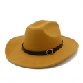 Detail showing ginger yellow wide brim wool fedora with a black leather buckle band - Khaki