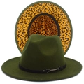 Detail of dark olive green fedora hats with leopard print inner brim and leather belt - One Size / Army Green